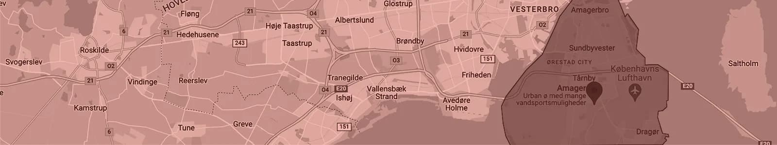 Kort over Amager — Soundboks-udlejning med levering i hele området